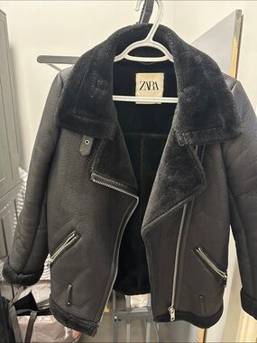 ZARA Black Faux Shearling Biker Jacket